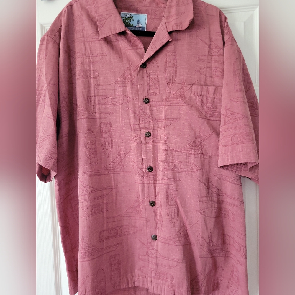 AFTCO shirt Mens Blue Water Light Red Boat Print Button Fishing Shirt XXL Casual